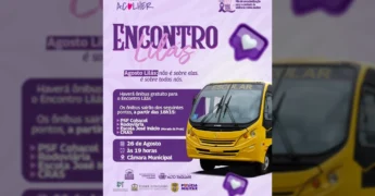 Imagem de divulgação do Encontro Lilás em Alto Taquari, destacando a data, local e a disponibilidade de transporte gratuito. Créditos: Prefeitura de Alto Taquari / Instagram.