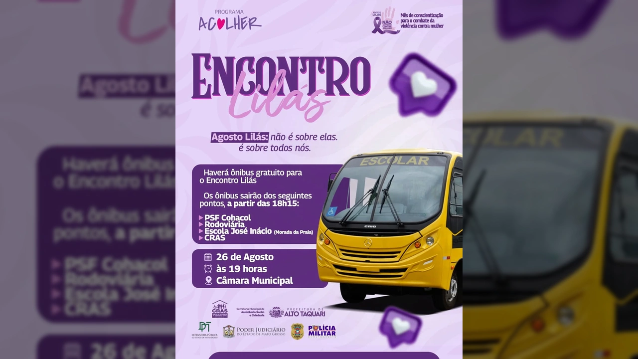 Imagem de divulgação do Encontro Lilás em Alto Taquari, destacando a data, local e a disponibilidade de transporte gratuito. Créditos: Prefeitura de Alto Taquari / Instagram.