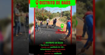 Homens realizando obras de tapa-buracos em uma estrada, aplicando asfalto com pás e rastelos. Crédito: Prefeitura de Acorizal - MT / Instagram.