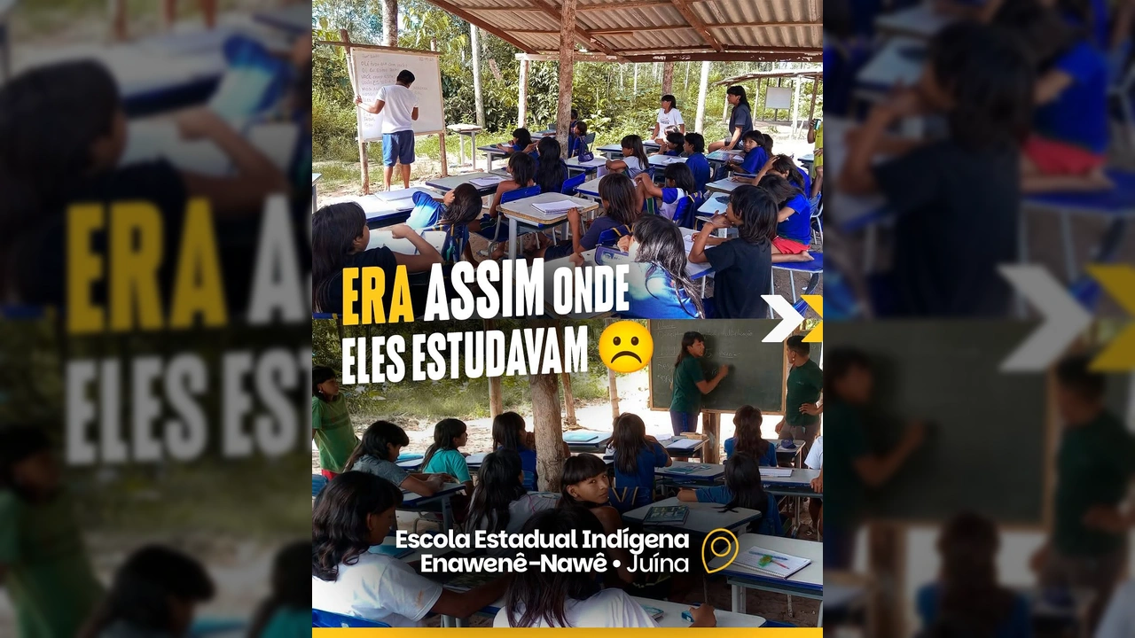 Vista aérea e interna da nova Escola Estadual Indígena Enawenê Nawê em Juína, Mato Grosso. Créditos: Governo de Mato Grosso / Instagram.