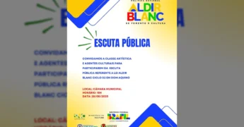 Imagem promocional da Escuta Pública da Lei Aldir Blanc Ciclo 02 em Dom Aquino, com o logo Aldir Blanc e informações de data e local, por Secretaria Municipal de Cultura / Instagram.