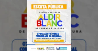 Cartaz azul e amarelo com título 'Escuta Pública' e informações sobre a Lei Aldir Blanc e a data do evento. Crédito: Prefeitura de Livramento / Instagram.