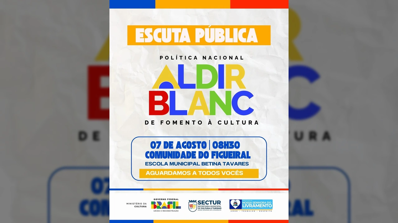 Cartaz azul e amarelo com título 'Escuta Pública' e informações sobre a Lei Aldir Blanc e a data do evento. Crédito: Prefeitura de Livramento / Instagram.