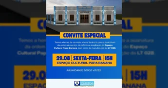 Imagem ilustrativa do Espaço Cultural Papa Banana reformado em Nossa Senhora do Livramento, com fachada moderna e iluminação. Crédito: Prefeitura de Livramento / Instagram.