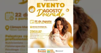 Mulher sorrindo segurando um bebê no colo, ilustrando a campanha Agosto Dourado. Créditos: Prefeitura Municipal de Novo Santo Antônio MT / Instagram.