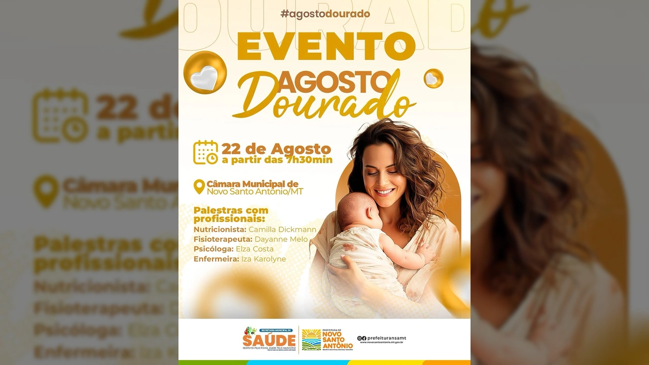 Mulher sorrindo segurando um bebê no colo, ilustrando a campanha Agosto Dourado. Créditos: Prefeitura Municipal de Novo Santo Antônio MT / Instagram.