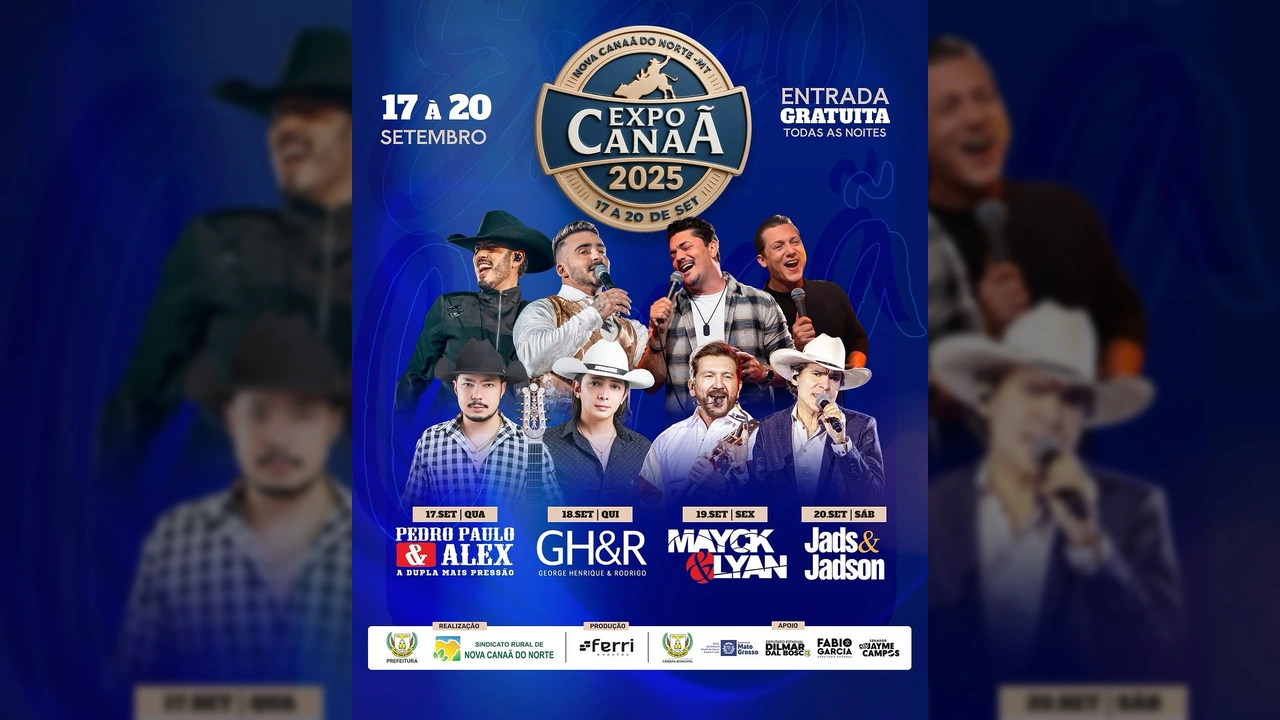 Banner da Expo Canaã 2025 com artistas Pedro Paulo & Alex, George Henrique & Rodrigo, Mayck & Lyan, Jads & Jadson. Créditos: expocanaa2025 no Instagram.