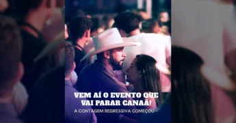 Imagens da Expo Canaã 2025, incluindo rodeio, shows e parque de diversões em Nova Canaã do Norte, com crédito para Expo Canaã oficial no Instagram.