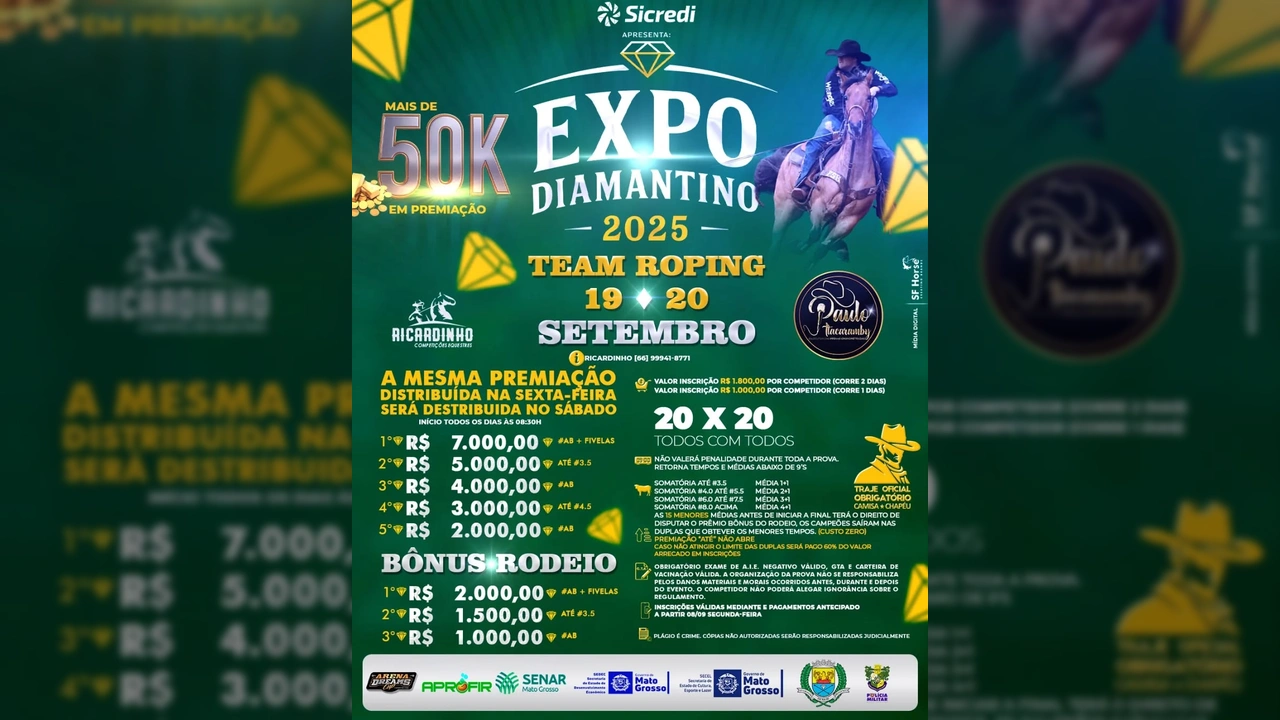 Banner da Expo Diamantino 2025 Team Roping com mais de 50 mil em premiação, evento em Diamantino, Mato Grosso, em setembro. Créditos: teamropingdivulgacao / Instagram