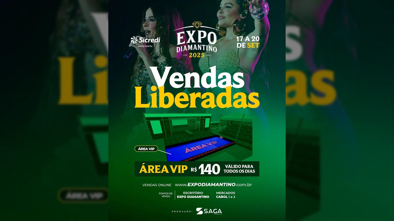 Mulheres no palco e visão da Área VIP da Expo Diamantino 2025. Créditos: expodiamantino / Instagram.