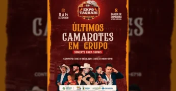 Pôster promocional da 28ª ExpoTaquari, destacando a venda dos últimos camarotes para os shows, com artistas como Brenno Reis & Marco Viola, Rionegro & Solimões e Zezé Di Camargo Rústico, por @expotaquari_oficial.