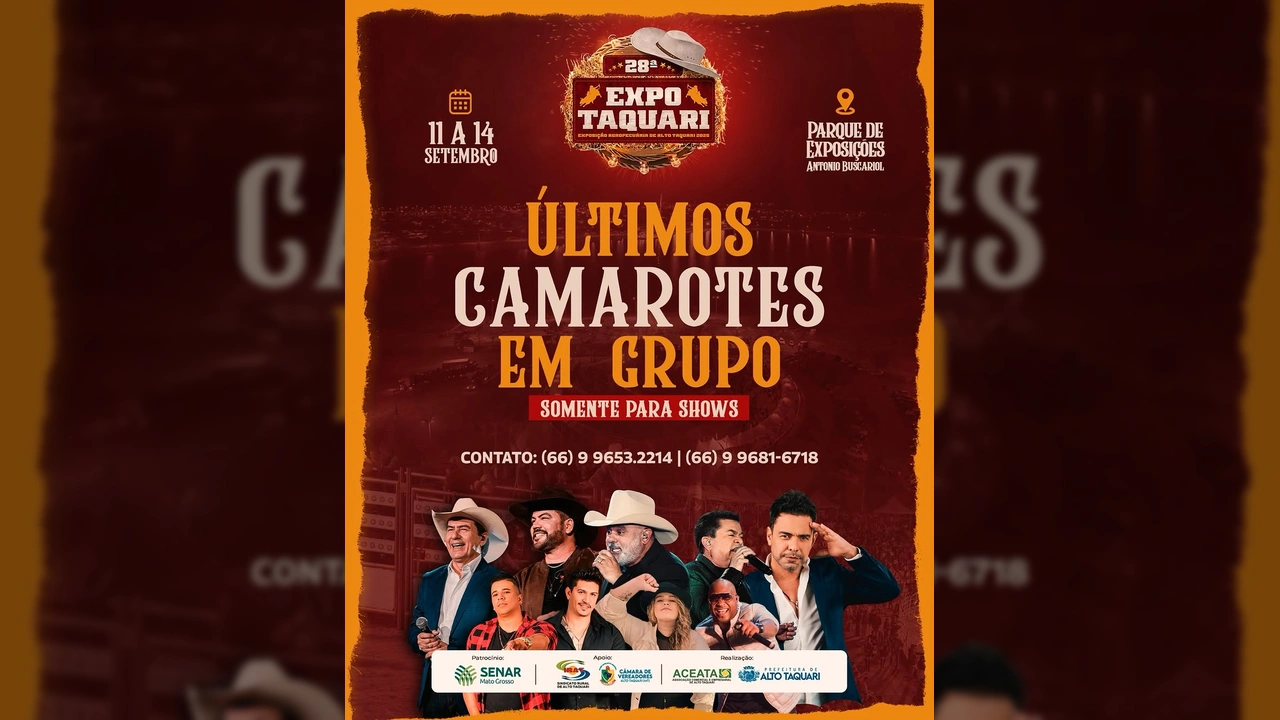 Pôster promocional da 28ª ExpoTaquari, destacando a venda dos últimos camarotes para os shows, com artistas como Brenno Reis & Marco Viola, Rionegro & Solimões e Zezé Di Camargo Rústico, por @expotaquari_oficial.