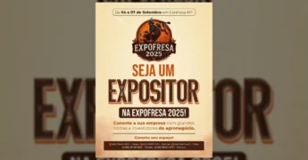 Publicidade da EXPOFRESA 2025 em Confresa-MT, com detalhes para se tornar expositor e dados de contato, por expofresaoficial.