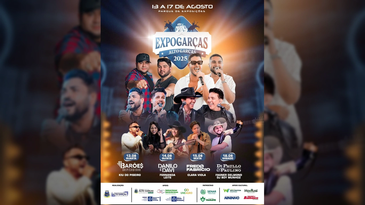 Artistas se apresentando no palco da Expogarças 2025 em Alto Garças. Crédito: Eventos Rebouças / Instagram.