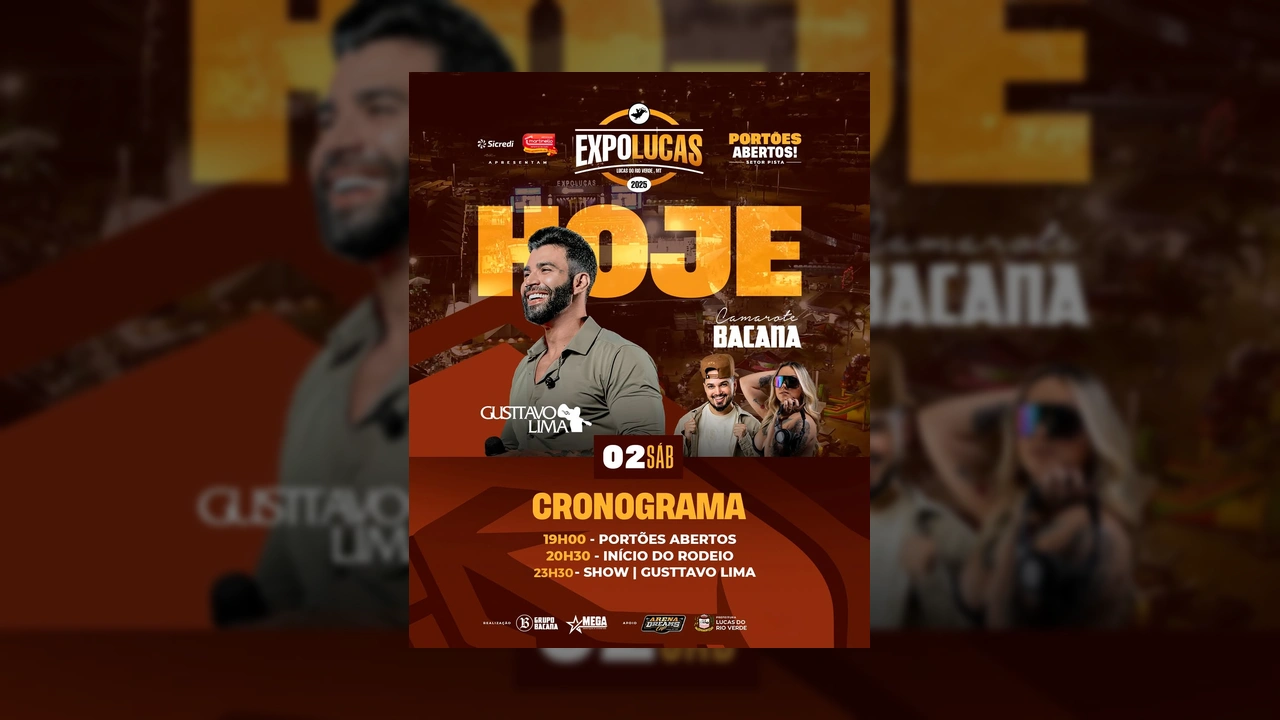 Gusttavo Lima sorrindo em palco da EXPOLUCAS 2025 em Lucas do Rio Verde. Crédito: Expo Lucas Oficial / Instagram.
