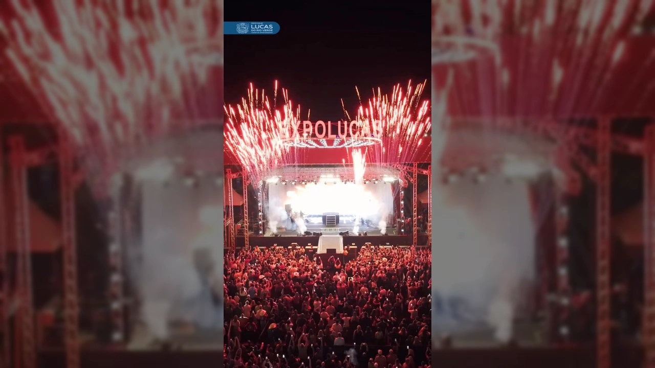 Vista aérea da multidão e palco da ExpoLucas 2025 em Lucas do Rio Verde, mostrando a celebração dos 37 anos da cidade. Crédito: Prefeitura de Lucas do Rio Verde (MT).