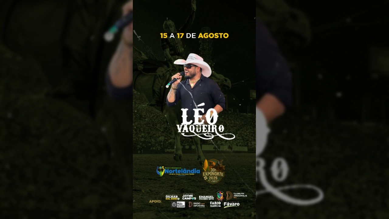 Léo Vaqueiro convidando para a 30ª EXPONORTE em Nortelândia com chapéu de cowboy e óculos escuros / Instagram @exponorte_2025