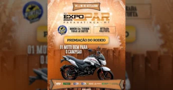 Banner da EXPOPAR 2025 em Paranatinga, com detalhes sobre rodeio, prêmios e entrada gratuita. Crédito: Nortão Rodeio Team