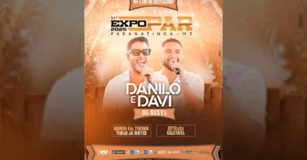 Poster da EXPOPAR Paranatinga 2025 com os artistas Danilo e Davi, rodeio e informações de entrada gratuita, cortesia de @expoparrodeio.