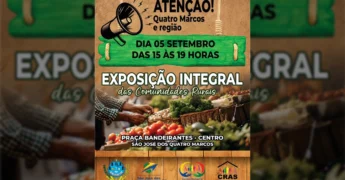 Banner da Exposição Integral das Comunidades Rurais com megafone e alimentos, em São José dos Quatro Marcos. Créditos: Instagram prefeituradequatromarcos