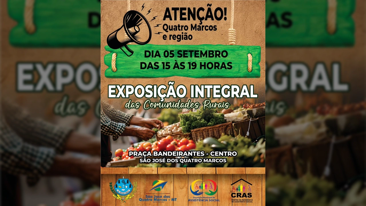 Banner da Exposição Integral das Comunidades Rurais com megafone e alimentos, em São José dos Quatro Marcos. Créditos: Instagram prefeituradequatromarcos