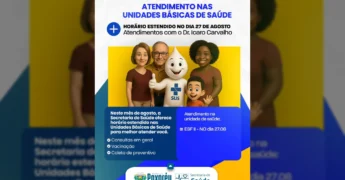 Imagem ilustrativa de uma família e o mascote do SUS, divulgando atendimento estendido de saúde em Poxoréu. Crédito: Prefeitura de Poxoréu / Instagram.