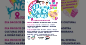 Imagem promocional da 4ª edição do evento Família na Praça de Juruena, com crianças e elementos de festa, da Prefeitura de Juruena.