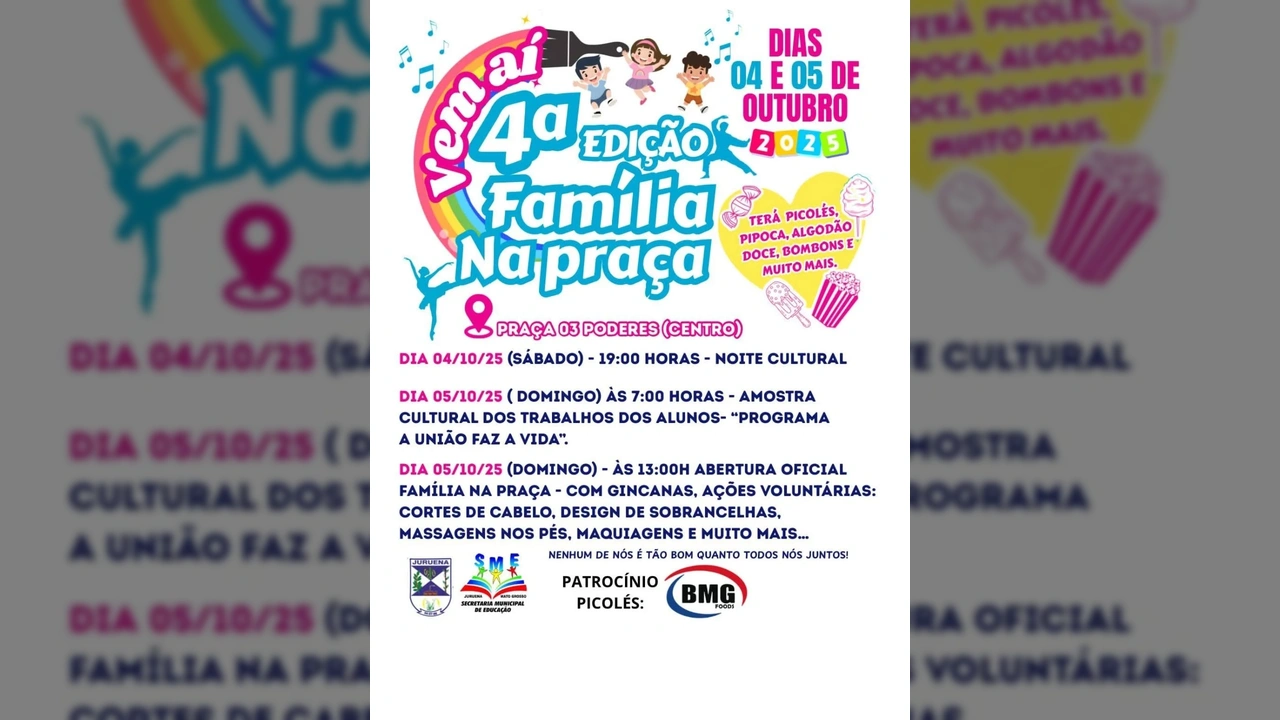 Imagem promocional da 4ª edição do evento Família na Praça de Juruena, com crianças e elementos de festa, da Prefeitura de Juruena.
