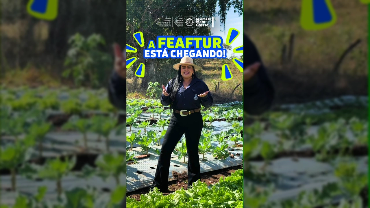 Mulher em plantação divulgando a Feira Estadual da Agricultura Familiar e Turismo Rural (FEAFTUR) em Barra do Garças. Crédito: @seafmt no Instagram.