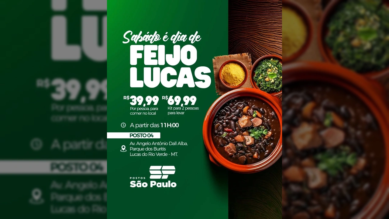 Feijoada Lucas, prato principal oferecido pelo Posto São Paulo em Lucas do Rio Verde / Instagram.