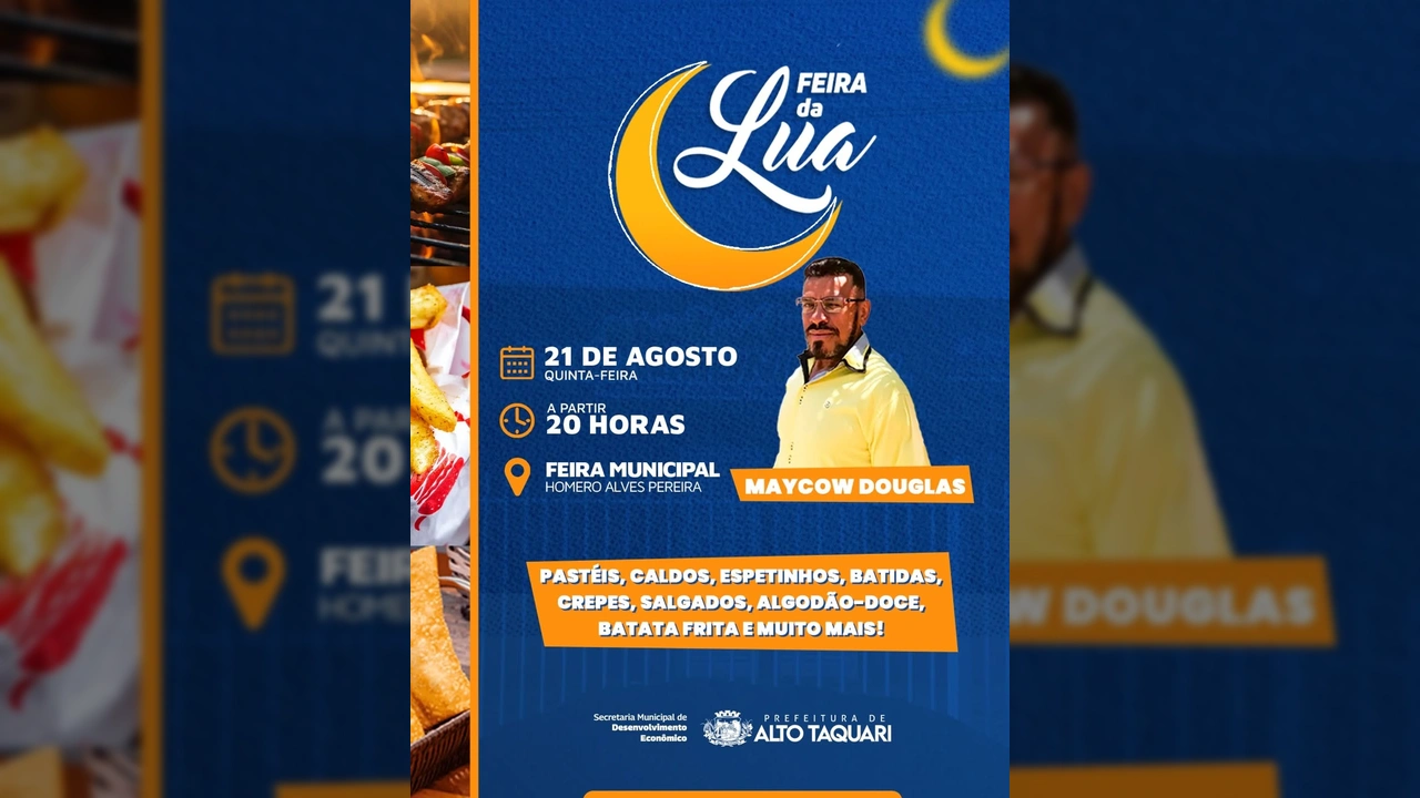 Feira da Lua em Alto Taquari com show de Maycow Douglas e comidas típicas. Créditos: Prefeitura de Alto Taquari / Instagram