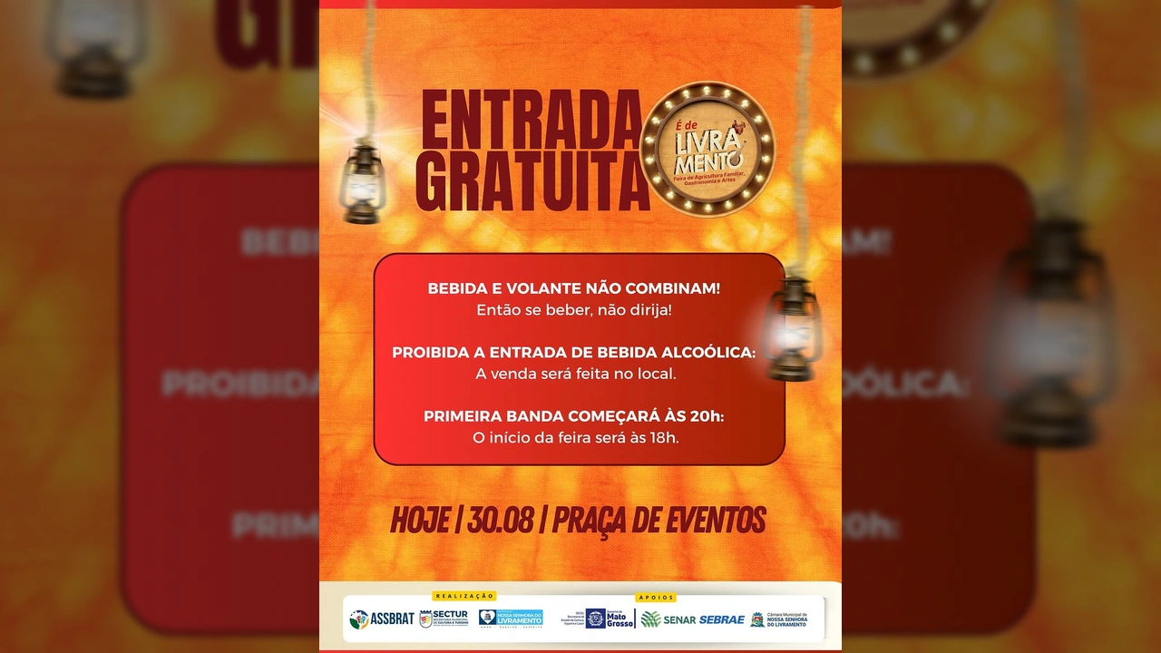 Banner da Feira 'É de Livramento' com lanternas e informações sobre entrada gratuita e programação, cortesia de @prefeituradelivramento.