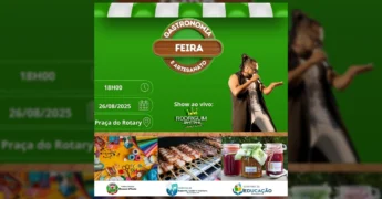 Banner da Feira de Gastronomia e Artesanato com show de Rodriguim Santana em Mirassol d'Oeste / Prefeitura de Mirassol d'Oeste - MT