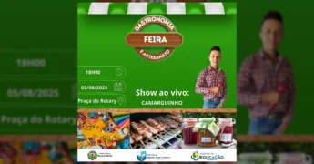 Feira de Gastronomia e Artesanato com show de Camarguinho em Mirassol d'Oeste, divulgada pela Prefeitura.