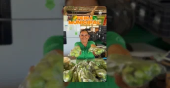 Mulher sorrindo com frutas e verduras em bancada na Feira Municipal de Primavera do Leste, foto de Prefeitura Primavera do Leste no Instagram.