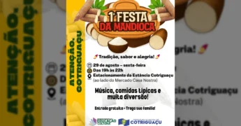 Imagem da 1ª Festa da Mandioca em Cotriguaçu com raízes de mandioca, farinha e folhagem. Créditos: Prefeitura Municipal de Cotriguaçu.