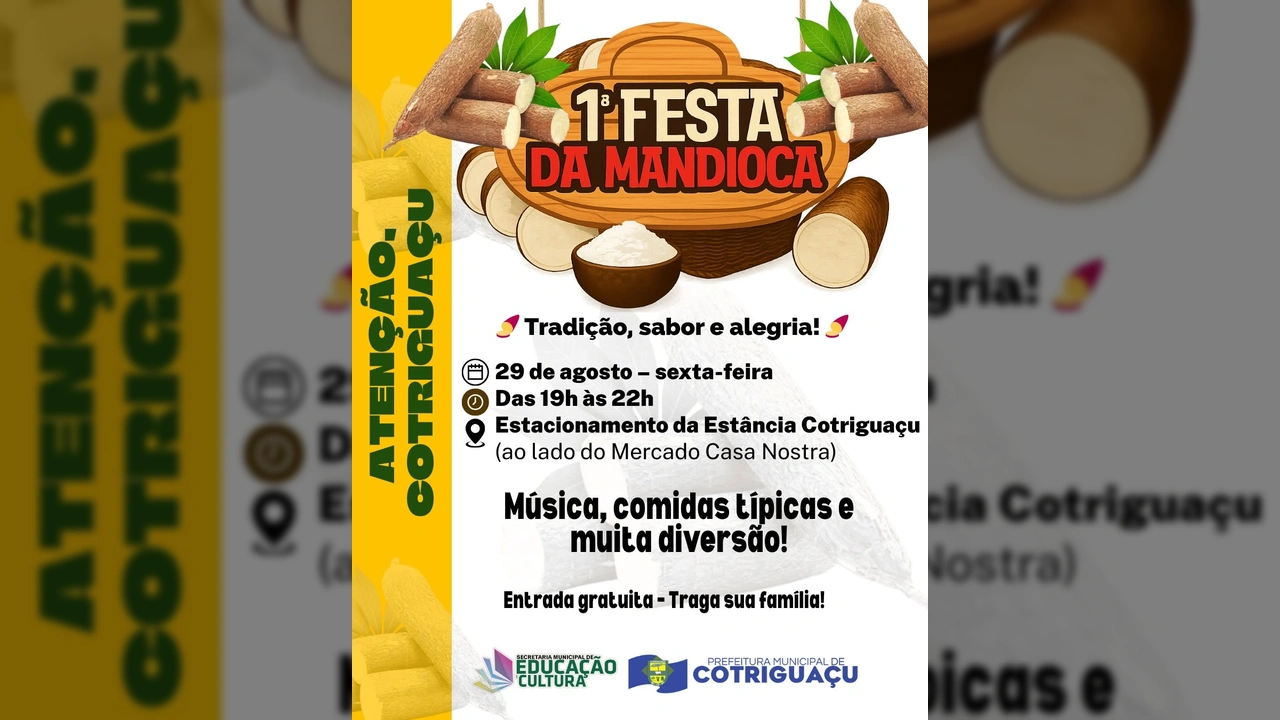 Imagem da 1ª Festa da Mandioca em Cotriguaçu com raízes de mandioca, farinha e folhagem. Créditos: Prefeitura Municipal de Cotriguaçu.