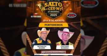Imagem da programação da 4ª Festa do Peão de Salto do Céu-MT, destacando os nomes dos participantes e as datas do evento. Créditos: Prefeitura de Salto do Ceu MT / Instagram.