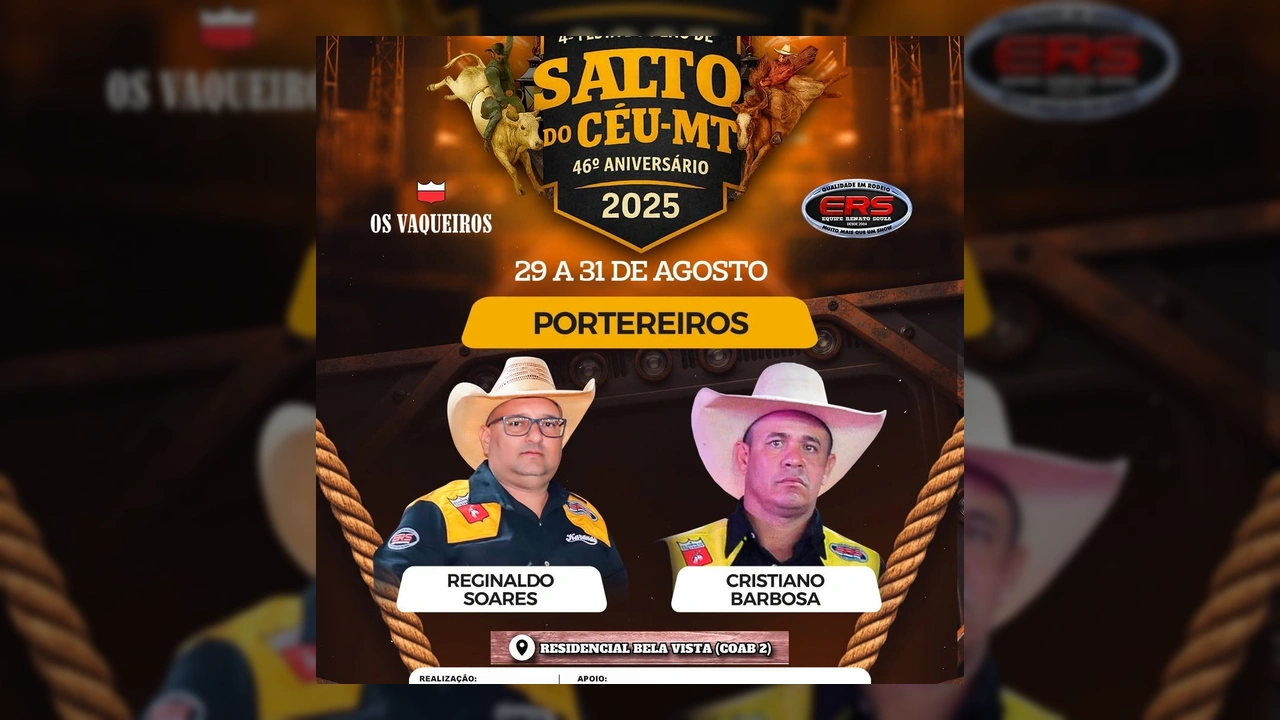 Imagem da programação da 4ª Festa do Peão de Salto do Céu-MT, destacando os nomes dos participantes e as datas do evento. Créditos: Prefeitura de Salto do Ceu MT / Instagram.