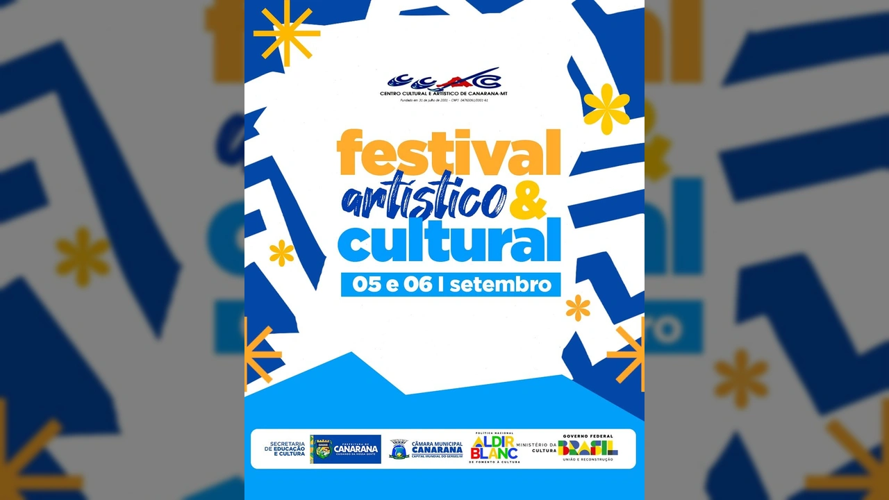 Cartaz do Festival Artístico e Cultural de Canarana 2025 com detalhes sobre categorias e premiações, por Prefeitura de Canarana - MT / Instagram