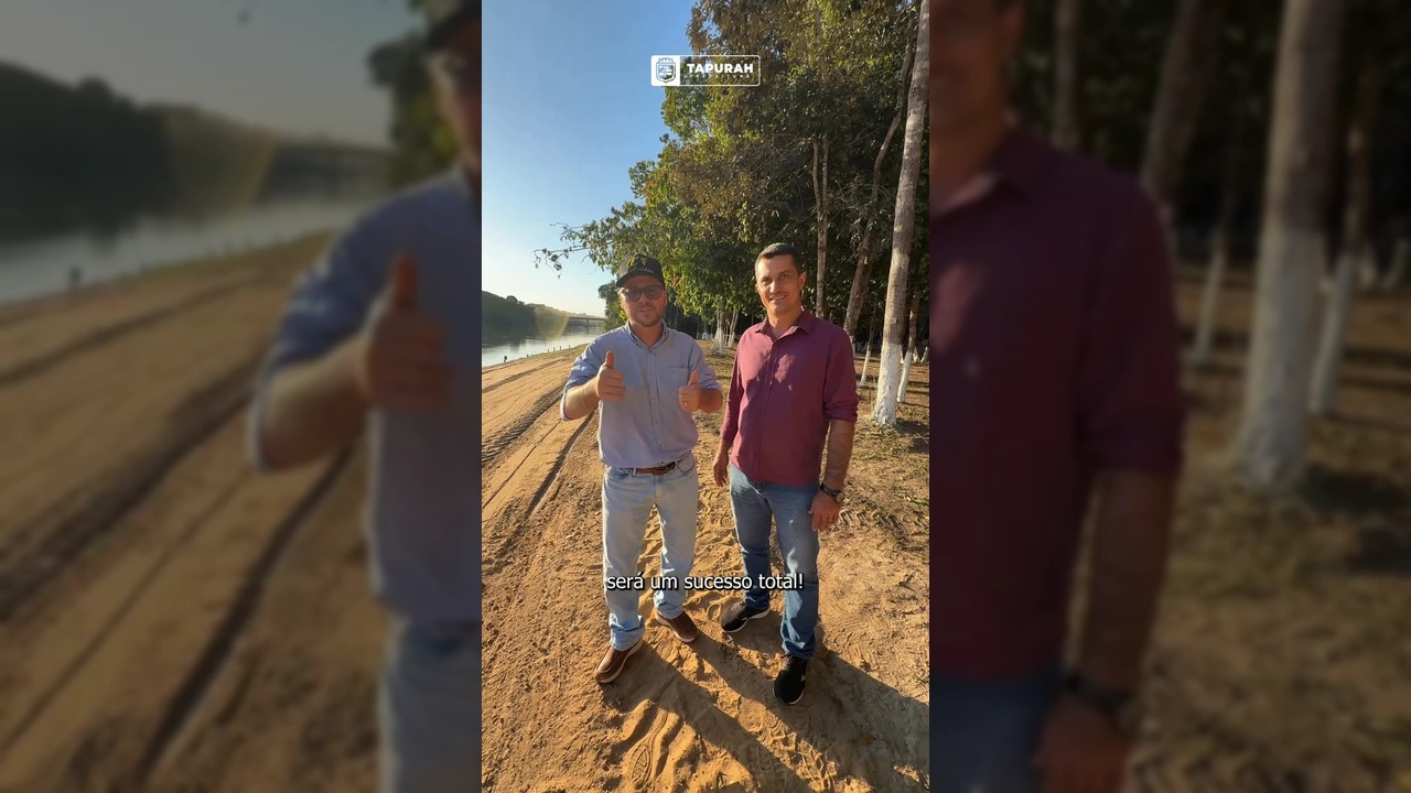 Imagem dos preparativos para o 9º Festival de Pesca de Tapurah, com o Prefeito Álvaro Galvan e o Vice-Prefeito Adriel Martini, destacando a organização e estrutura do evento. Créditos: Prefeitura de Tapurah / Instagram