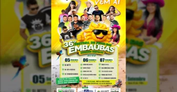 Imagem promocional do 36º Festival de Praia das Embaúbas em Rosário Oeste, MT, com artistas e programação. Créditos: Prefeitura de Rosário Oeste / Instagram.