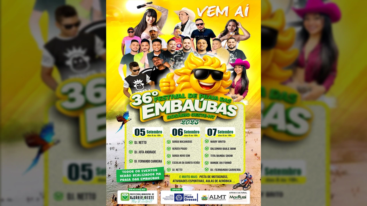 Imagem promocional do 36º Festival de Praia das Embaúbas em Rosário Oeste, MT, com artistas e programação. Créditos: Prefeitura de Rosário Oeste / Instagram.