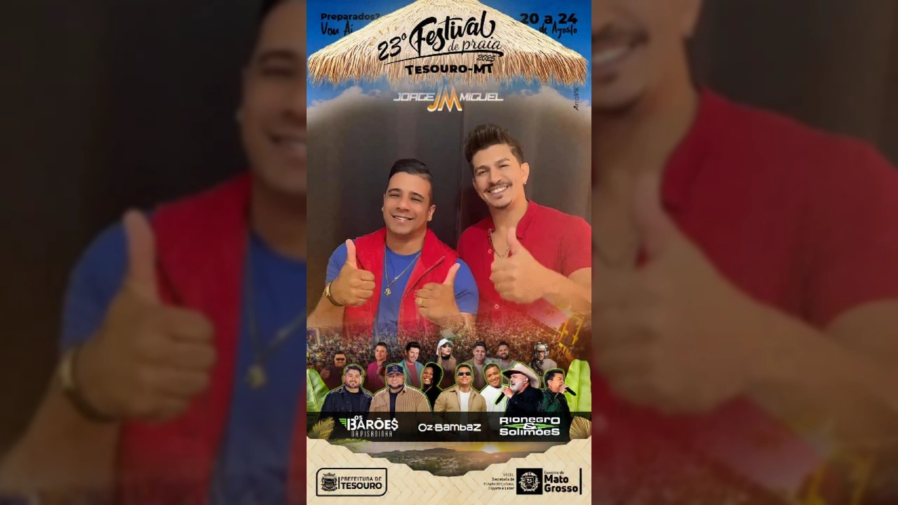 Dupla sertaneja Jorge & Miguel em imagem promocional para o Festival de Praia de Tesouro. Créditos: Prefeitura de Tesouro - MT.