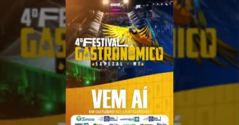 Banner do 4º Festival Gastronômico de Sapezal com imagem de uma arara azul e amarela sobre uma multidão em um evento noturno, com crédito à Prefeitura de Sapezal / Instagram