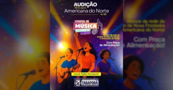 Ilustração colorida de jovens cantando e tocando instrumentos em um palco, representando a audição do Festival de Música Estudantil em Americana do Norte. Créditos: Prefeitura de Tabaporã / Instagram.
