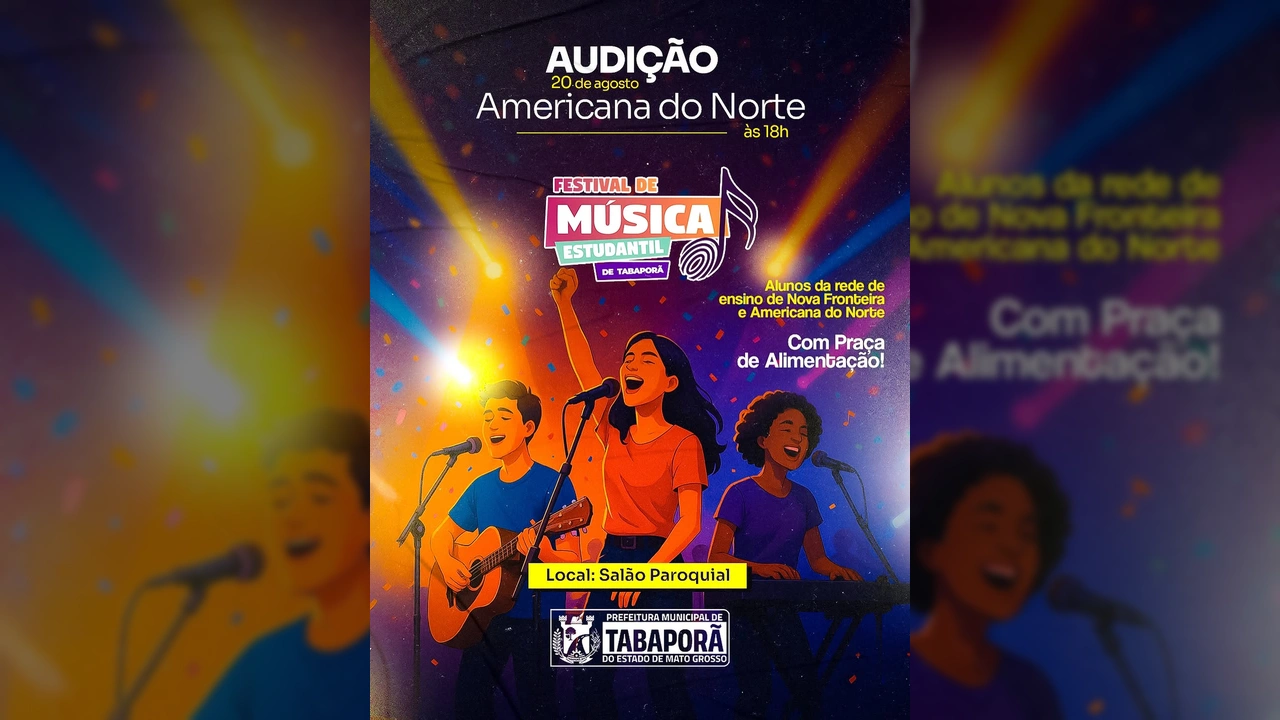 Ilustração colorida de jovens cantando e tocando instrumentos em um palco, representando a audição do Festival de Música Estudantil em Americana do Norte. Créditos: Prefeitura de Tabaporã / Instagram.
