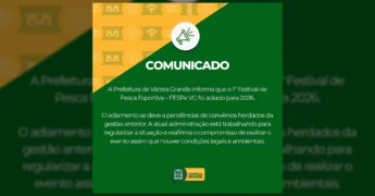 Imagem do comunicado oficial da Prefeitura de Várzea Grande sobre o adiamento do Festival de Pesca Esportiva FESPe VG. Créditos: Instagram/prefvarzeagrande.