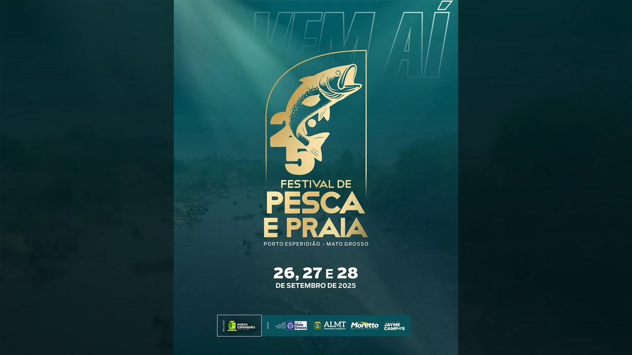 Imagem promocional do 25º Festival de Pesca e Praia de Porto Esperidião, Mato Grosso, com um peixe dourado saltando sobre o número 25 e o logo da Prefeitura Municipal de Porto Esperidião.