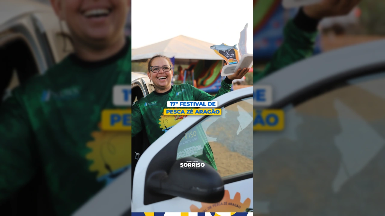 Vista aérea do Festival de Pesca em Sorriso, Mato Grosso, com barcos e pessoas, organizado pela Prefeitura de Sorriso.